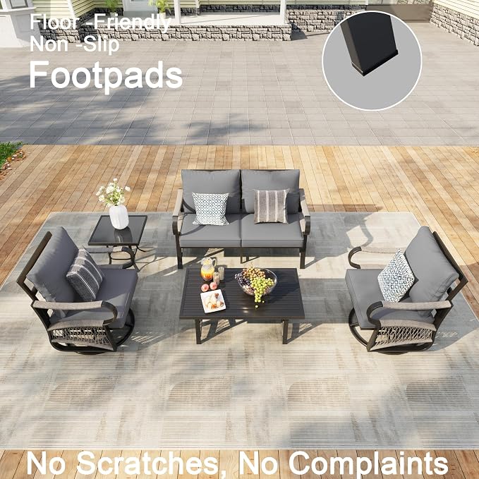 5 Pieces Patio Furniture Set, Metal Outdoor Conversation Sets with Swivel Chairs, Modern Couch Sofa Seating Group with Coffee Table and Side Table (Thick Gray Cushions)