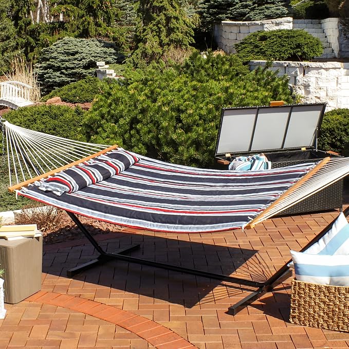 Sunnydaze Quilted Double Hammock for Outside with Spreader Bars and Pillow - 450 lb Capacity, 74x55 Inch Bed, UV Resistant, Quick Dry - Chains Included, Stand Sold Separately - Nautical Stripe