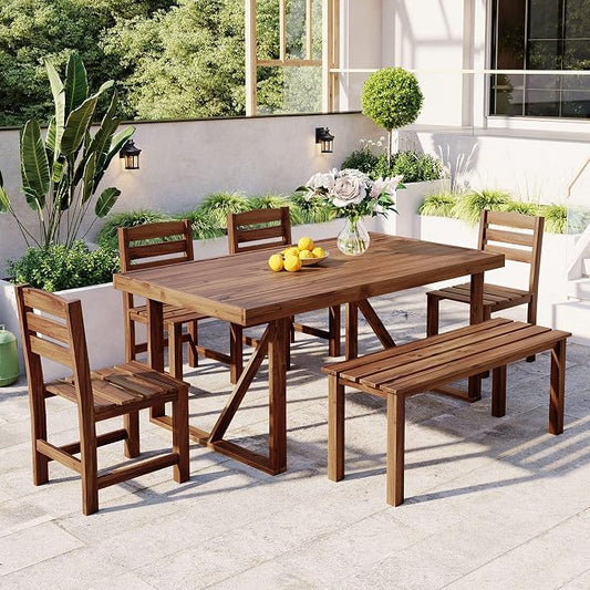 6 Piece Patio Dining Set with Dining Table and Chairs Set, Wood Outdoor Table with Bench, Rectangular Table Set for Balcony and Backyard (Brown)