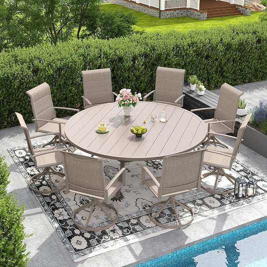 DIFY 9 Piece Outdoor Patio Dining Set for 8, 63" Round Metal Dining Table and Swivel Patio Chairs with Padded Textilene, All-Weather Outdoor Furniture Set for Garden Backyard Porch, Sandshell