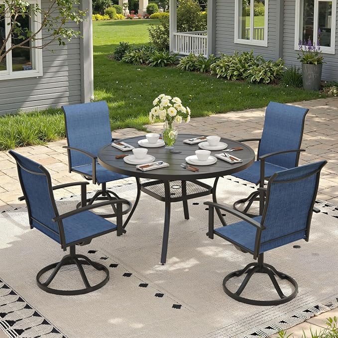 5 Pieces Round Patio Dining Set, Outdoor Furniture of 40.6" Round Patio Table and Patio Swivel Chairs for Backyard Lawn Garden, Black Table and Dark Blue Chairs