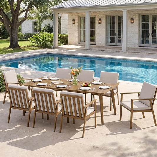 9 Pieces Patio Dining Set for 8, Aluminum Outdoor Dining Table Sets with Umbrella Hole, Modern Outdoor Patio Furniture Set with 8 Chairs and Table for Backyard, Poolside and Deck,Teak