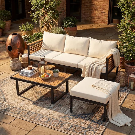 Virubi 3-piece Acacia Wood and Metal Outdoor Sofa Set, Industrial Aesthetic, Water-Repellent Upholstery, 3-Seater with Ottoman & Coffee Table