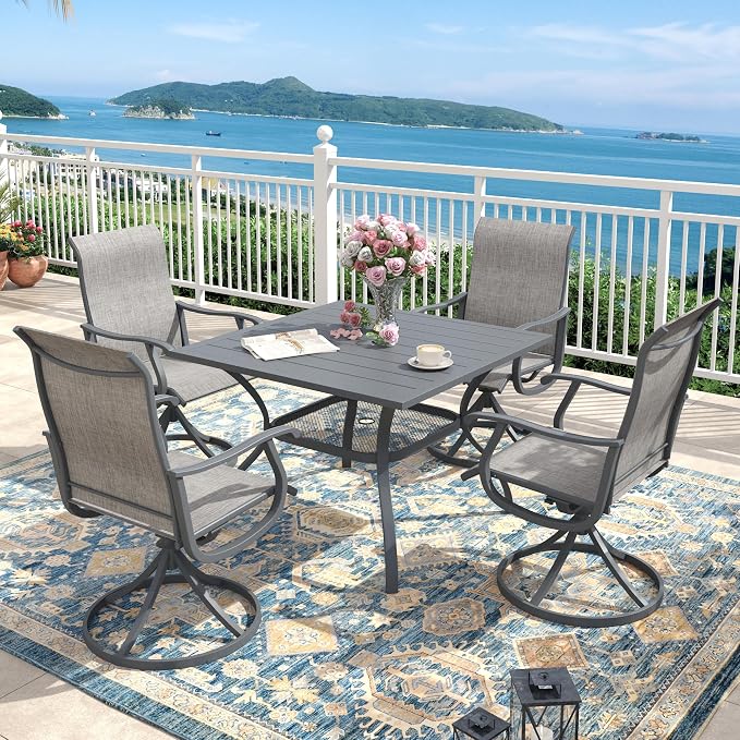 Outdoor Dining Set for 4, 37.8" Metal Outdoor Dining Table with Umbrella Hole and Sling Patio Swivel Chairs, 5 Pieces Patio Table and Chairs Set for Garden Backyard, Grey and Dark Grey