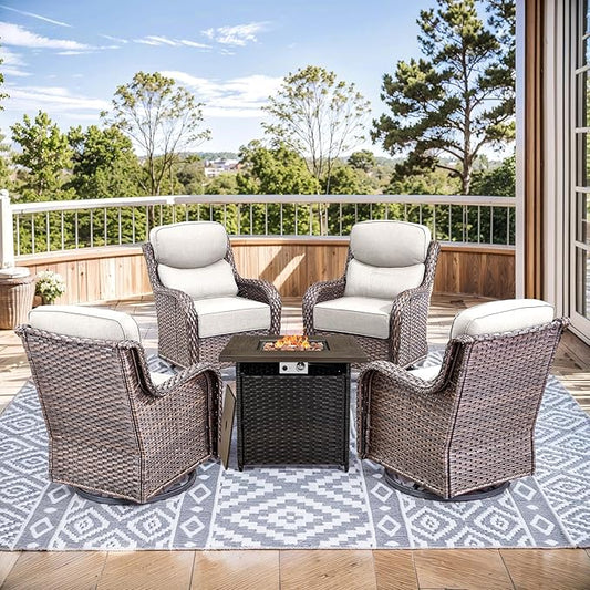 HUMMUH Wicker Patio Furniture Set with Patio Swivel Chairs Set of 4 and 50,000 BTU Fire Pit Table,6 Inch Thick Cushions High Back Outdoor Swivel Rocker Chairs Set for Porch, Balcony, Deck