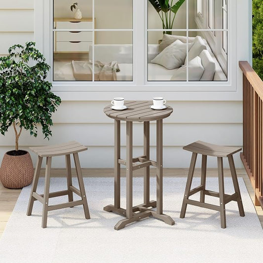Costaelm Outdoor Bar Table, 37" Counter Height Round Patio Cocktail Bar Table, Patio Bar Table 3-Pieces Set Bistro Dining Table Pub Table for Deck, Backyard, Garden, Weathered Wood