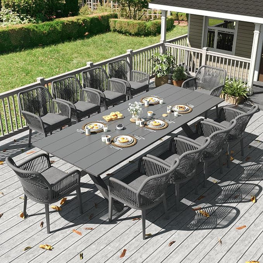 LayinSun Outdoor Dining Set for 10, 11 Pieces Patio Furniture Sets with Aluminum Dining Table and Rope Weave Chairs