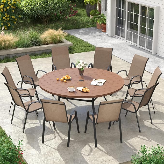 VICLLAX Round Patio Dining Set for 10, Metal Slatted Patio Table with Umbrella Hole and Stackable Patio Chairs for Deck Lawn Garden, Brown Fabric and Walnut Tabletop