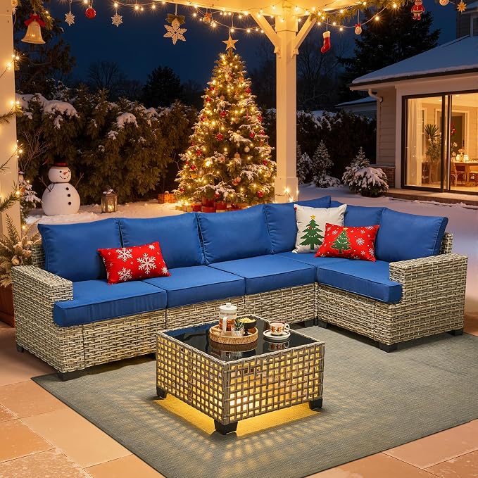 HOOOWOOO Sectional Patio Furniture Set with Solar Light Table,6 Pieces Wicker Outdoor Furniture L Shaped Couch,Outside Conversation Set with Extra Deep Seat Sofa Wide Arm,Navy Blue