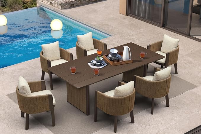 PURPLE LEAF Luxury 7-Piece Outdoor Dining Set for 6 Powder-Coated Aluminum Patio Table and Handwoven Olefin Rope Chairs with Cushions Modern Weather-Resistant Patio Furniture Bronze Sand Color