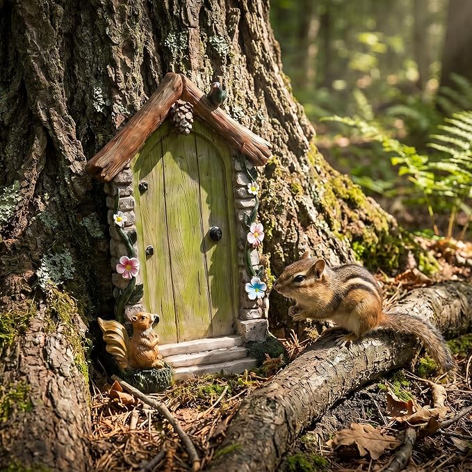 Fairy Door for Trees Outdoor Wooden Miniature Garden Doors Yard Art Sculpture Decoration Mini Fairy Gnome House Accessories for Trunk Ornaments Stump Wall Decor