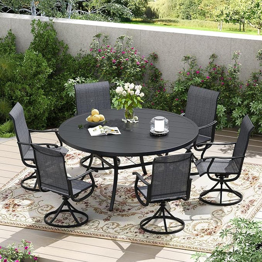 7 Pieces Patio Furniture Dining Set, 6 Textilene Swivel Dining Chairs, 53" Outdoor Round Metal Table with 1.57" Umbrella Hole, Outdoor Dining Set for Porch, Lawn, Garden, Black/Black