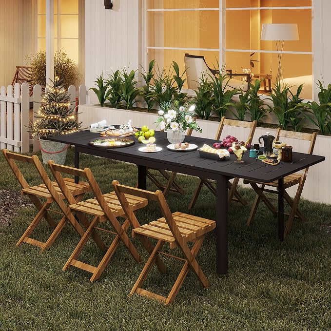 All Aluminum Expandable Patio Dining Table for 6-8 People, Extendable Outdoor Dining Room Table, All Weather Patio Furniture, Rectangular Metal Table with Adjustable Width 65"- 95", Dark Brown