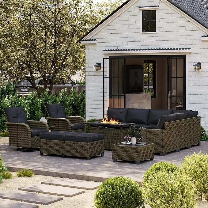 LET'S PATIO Luxury Patio Furniture Set with Fire Pit Table, 13 Piece Outdoor Furniture Set with Swivel Rocker Chairs & Ottomans, All-Weather Patio Sectional Sofas with Thickened Cushions, Black