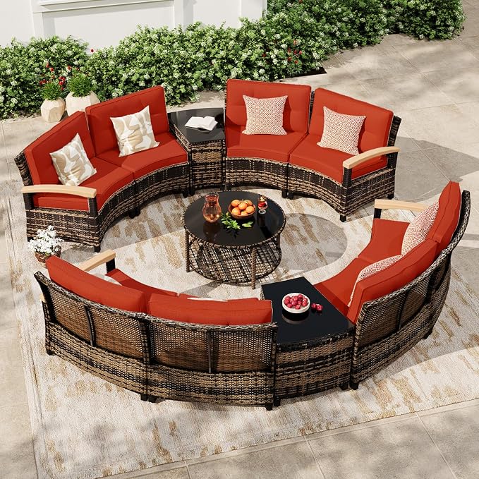 MEISSALIVVE 11-Piece Half-Moon Curved Outdoor Patio Furniture Set, Sectional Conversation Sofa with Wood Armrests, Coffee & Side Tables for Backyard Deck Garden, Red