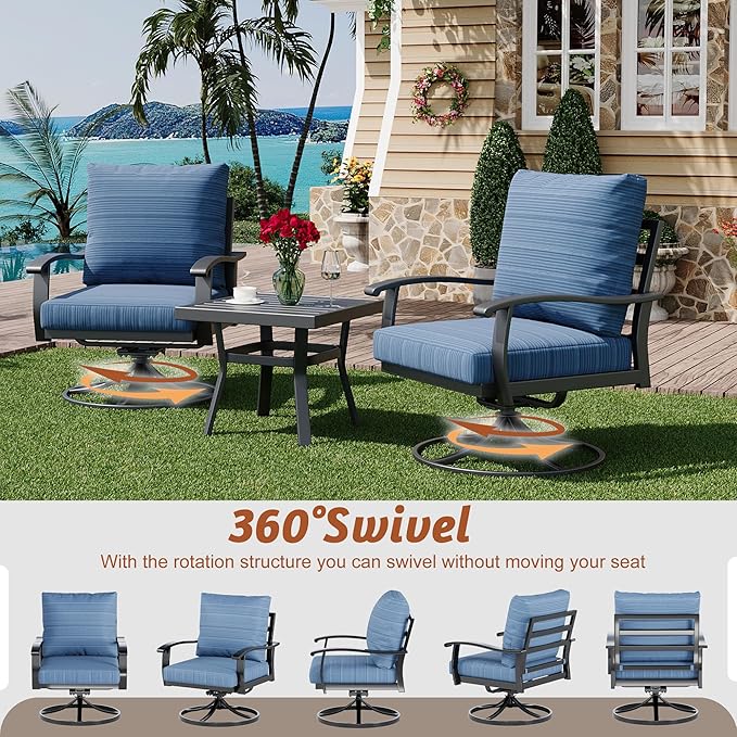 HOMREST Patio Furniture Sets 4 PCS Outdoor Metal Conversation Sets, 360 Degree Swivel Rocking Chairs Patio Conversation Set with Coffee Table and 3-Seat Sofa for Garden, Deck and Poolside
