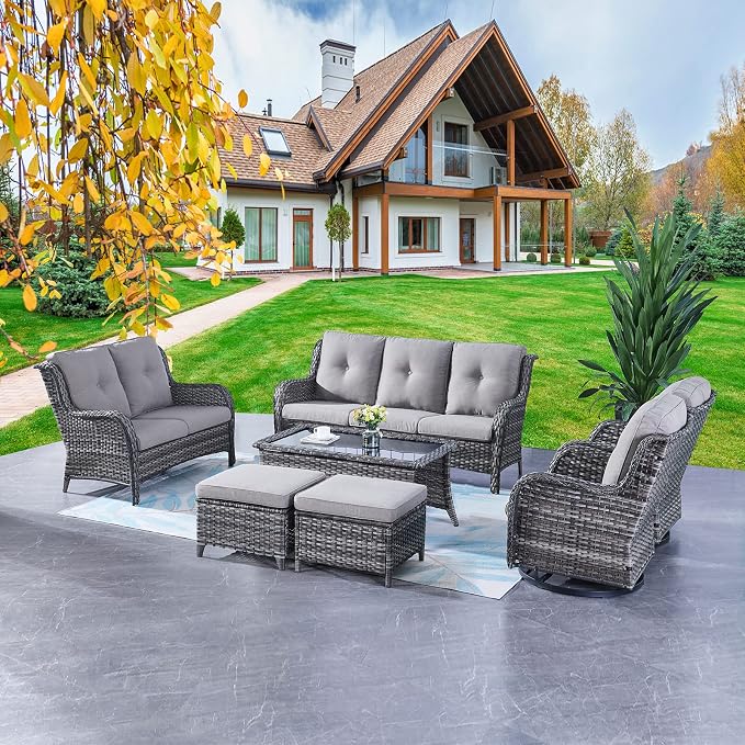 Rilyson Wicker Patio Furniture Set - 7 PC Rattan Outdoor Sectional Conversation Sets with 2 Rocking Swivel Chairs,2 Ottomans,1 Sofa,1 Loveseat and 1 Coffee Table for Porch Deck(Mixed Grey/Grey)