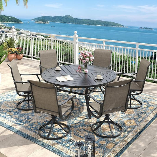 Outdoor Dining Set for 6, 50.1" Metal Round Outdoor Dining Table with Umbrella Hole and Sling Patio Swivel Chairs, 7 Pieces Patio Table and Chairs Set for Garden Backyard, Mixed Brown and Black