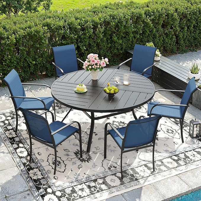 DIFY 7 Pieces Outdoor Patio Dining Set for 6, 50" Black Round Metal Dining Table and 6 Blue Stackable Sling Dining Chairs, Outdoor Table and Chairs for Lawn Garden Backyard Deck