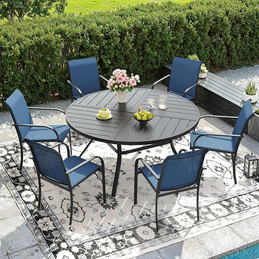 DIFY 7 Pieces Outdoor Patio Dining Set for 6, 50" Black Round Metal Dining Table and 6 Blue Stackable Sling Dining Chairs, Outdoor Table and Chairs for Lawn Garden Backyard Deck
