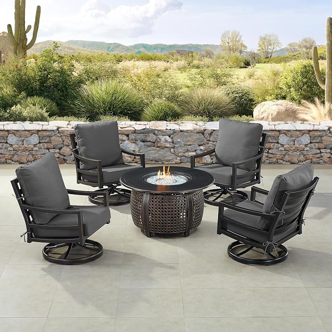 Oakland Living Black Aluminum Patio Fire Table Set with Four Club Chairs with Black Cushions