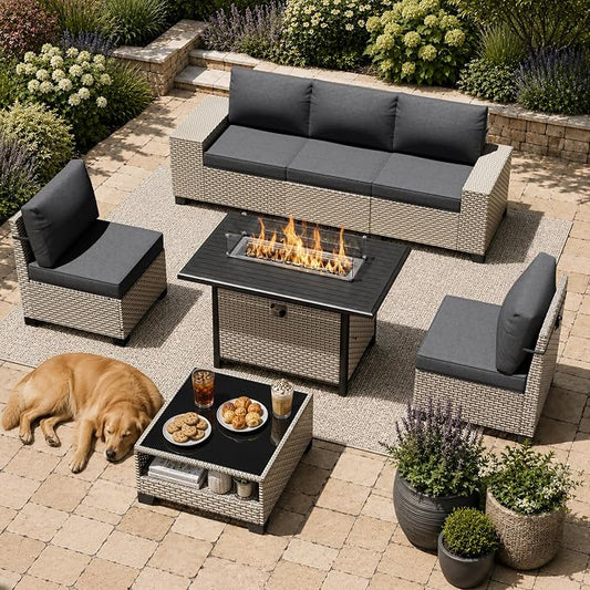 7-Piece Outdoor Patio Furniture Set with Fire Pit, Modular Sectional Sofa Set with Glass Coffee Table and Cushions, Wicker Outdoor Couch Conversation Sets, Black