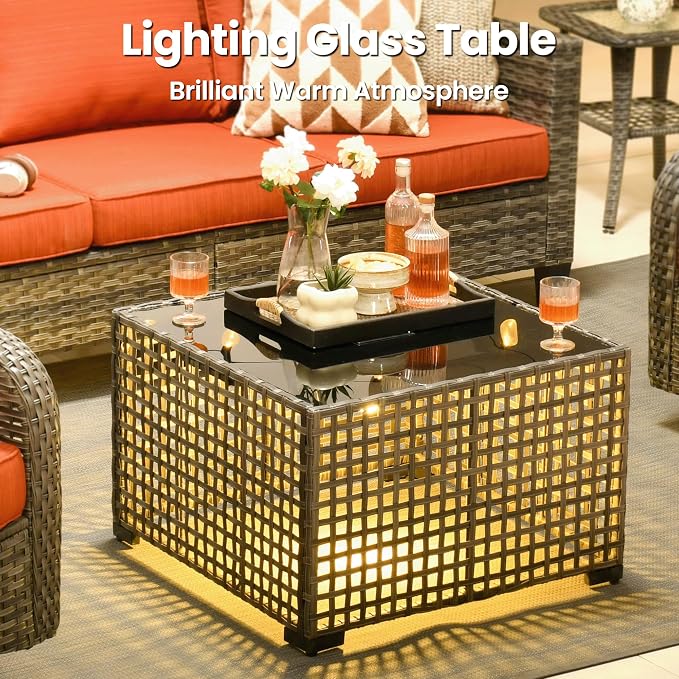 ovios 9 Pieces Patio Furniture Set, Outdoor Wicker Sofa Couch with Swivel Glider Chairs Fire Pit Table, Modern Deep Seat Rattan Conversation Sets for Deck Porch, Orange Red