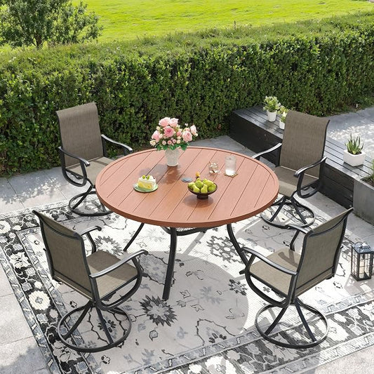 DIFY Outdoor Dining Set for 4, 5 Piece Patio Table and Chairs Set, Swivel Patio Dining Chairs with Brown Textilene & 47.2" Walnut Round Metal Dining Table with Umbrella Hole, for Garden Backyard Deck