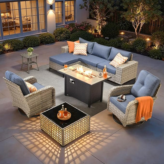 HOOOWOOO 9 Pieces Patio Furniture Set,L Shaped Outdoor Sectional Couch with Fire Pit Table, Pe Wicker All Weather Outside Conversation Sofa Swivel Chiars Solar Table Ottoman Set,Denim Blue