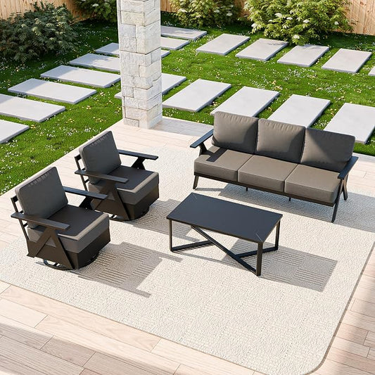 COOS BAY Iron Luxe 4 Piece Outdoor Patio Furniture Set, Modern Patio Conversation Set with 2 Swivel Rocking Chairs, a 3 Seat Couch & Coffee Table for Deck, Garden, Porch, Black/Gray