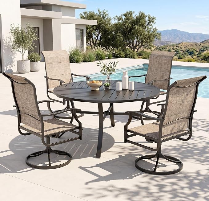 PHI VILLA Outdoor Dining Set for 4, Round Patio Table & Swivel Chairs | Padded Textilene, High back & Ergonomic, Metal table, Umbrella hole, Weather resistant, Heavy-duty, Patio backyard deck