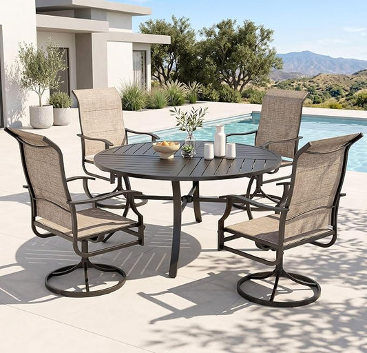 PHI VILLA Outdoor Dining Set for 4, Round Patio Table & Swivel Chairs | Padded Textilene, High back & Ergonomic, Metal table, Umbrella hole, Weather resistant, Heavy-duty, Patio backyard deck