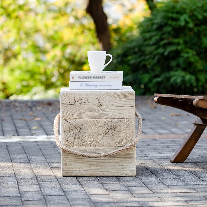 Square Outdoor Side Table, Rustic Wood Grain MGO Concrete End Table with Simulated Braided Rope, Fully Assembled Accent Side Tables for Patio, Balcony, Living Room, Garden