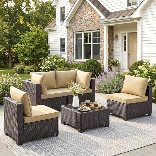 ANJ 5 Piece Outdoor Wicker Patio Furniture Set, Modular Loveseat Sofa with with Glass Top Coffee Table, All-Weather Rattan Conversation Couch Set for Balcony, Backyard, Dark Brown Wicker-Camel