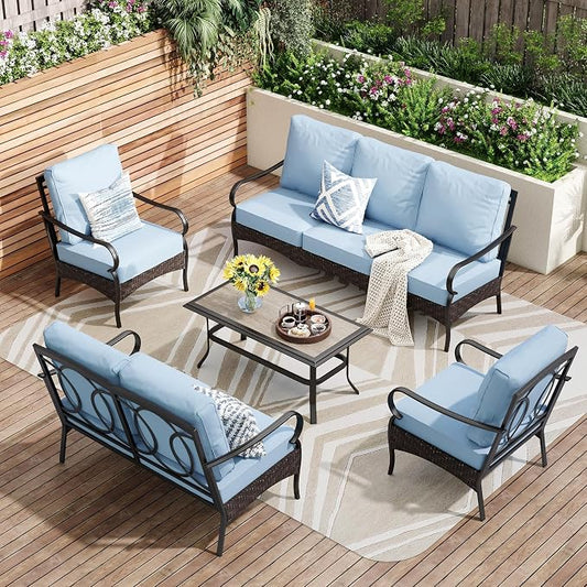 PHI VILLA Outdoor Modern Patio Furniture Set, Upgraded Wicker & Metal Patio Conversation Set with Waterproof Thick Cushions for Porch, Poolside, Yard (5 Pieces,Blue)