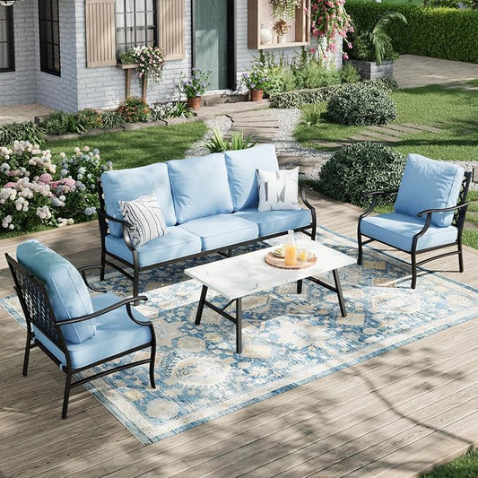 MIXPATIO Patio Furniture Set 4 pcs, Metal Outdoor Patio Furniture, 3-Seat Sofa, 2 Single Chairs, Metal Coffee Table and 5.75" Extra Thick Cushion, Patio Conversation Set for Garden Backyard Deck,Blue
