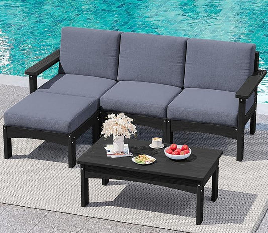 SERWALL 5-Piece Patio Sofas, All-Weather HDPE Outdoor Sectional Sofa with Cushions and Coffee Table, Large Modular Patio Conversation Set for Garden, Lawn, Deck, Porch, Black Frame with Grey Cushion