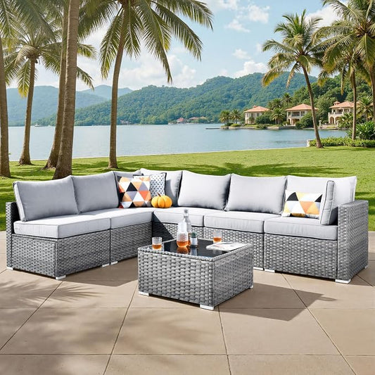 ovios Outdoor 7 Piece Coversation Set with Coffee Table,Sectional Patio Furniture Set with All-Weather Wicker Sofa,Modern Outside Couch for Balcony Backyard Pool, Grey