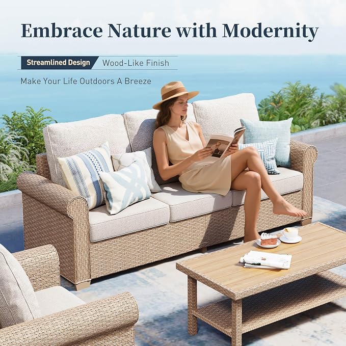 SUNSHINE VALLEY Patio Furniture Set 5 pcs, Wicker Rattan Sofa with 5.5" Thick Waterproof Cushions, 2 Chairs and Ottomans, All Weather Outdoor Conversation Set for Backyard Deck, 7 Seats Beige