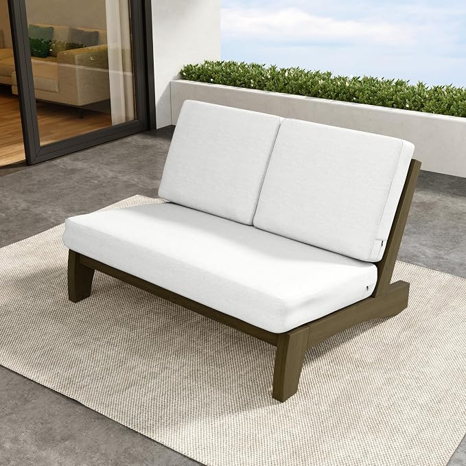 Outdoor Furniture Patio Couch, Weather Resistant Patio Loveseat Sofa Couch with Removable Cushion & Pillows, Teak Wood Frame for Porch & Backyard Seating - Beige