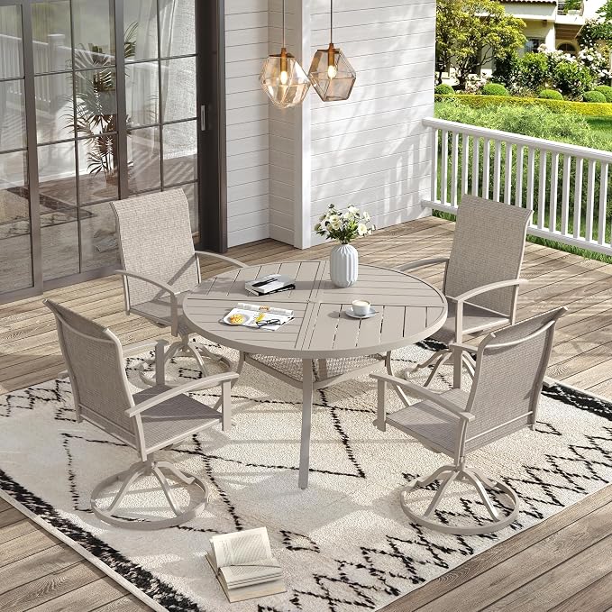 VICLLAX Outdoor Table and Chairs Set of 4, Metal Patio Dining Set-40.7" Round Dining Table and 4 Swivel Chairs for Deck, Lawn and Garden, Sandshell Color