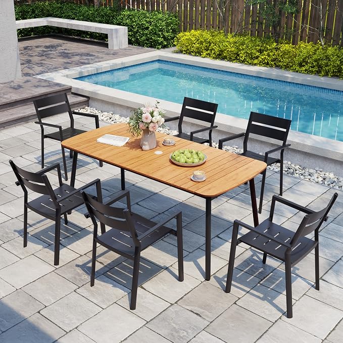 Crestlive Products Outdoor Dining Table for 6, 70In Aluminum Patio Table with Umbrella Hole Weather Resistant Rectangle OutsideTables for Patio Garden Lawn, Brown
