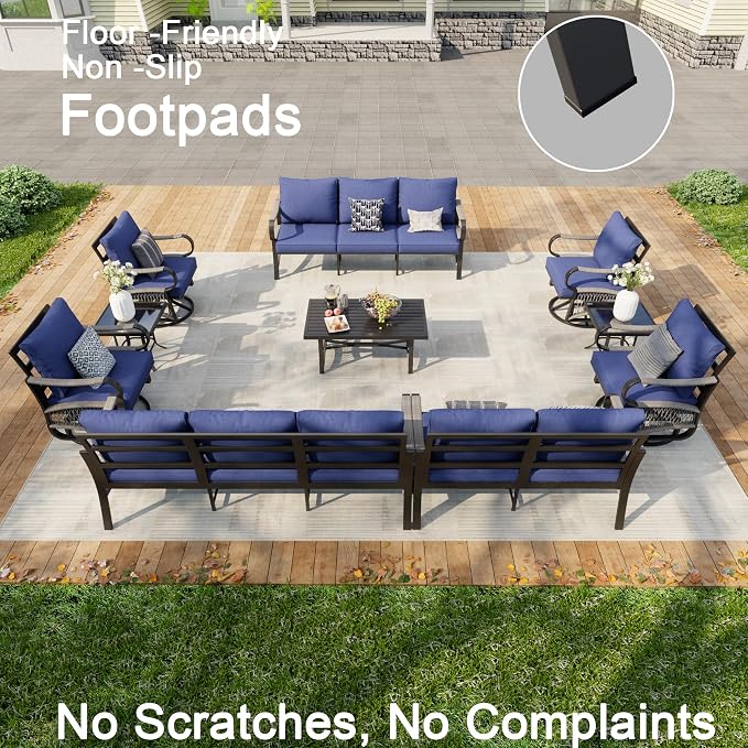 10 Pieces Patio Furniture Set, Metal Outdoor Conversation Sets with Swivel Chairs, Modern Couch Sofa Seating Group with Coffee Table and Side Table (Thick Blue Cushions)