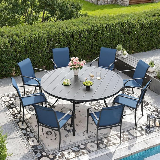 DIFY Outdoor Dining Set for 8, Patio Dining Furniture Set Includes 53" Black Round Table with Adjustable Umbrella Hole and 8 Blue Stackable Metal Chairs for Poolside, Garden, Backyard