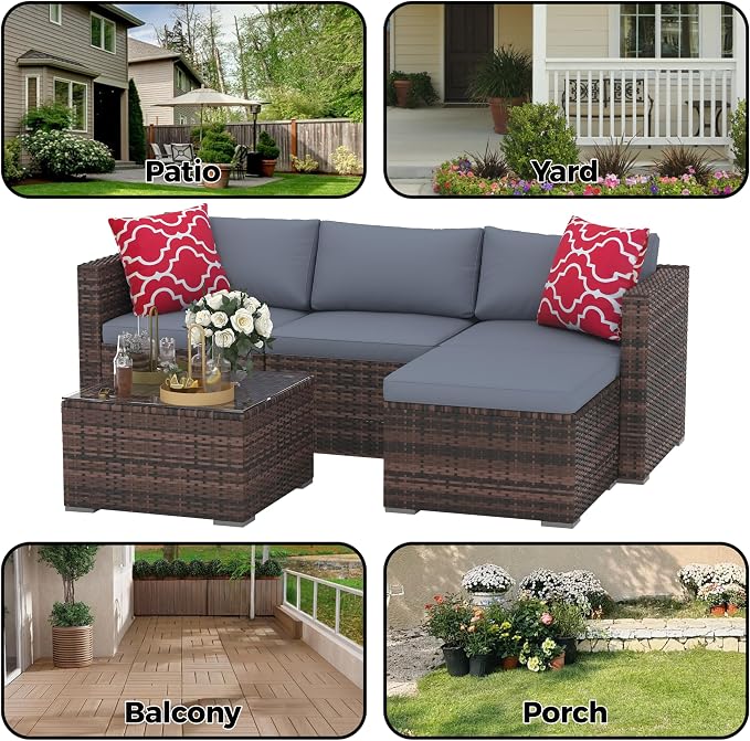 5 Piece Patio Furniture Set, PE Wicker Modern Patio Conversation Set, Outdoor Furniture Set with Glass Coffee Table for Garden, Poolside, Backyard, Brown & Grey