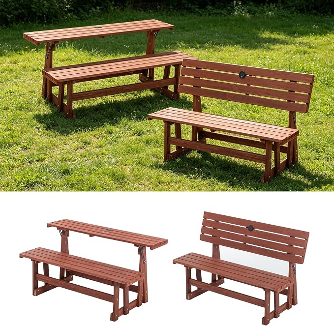 2 in 1 Convertible Picnic Bench Table Set, Transforming Interchangeable Outdoor Wooden Picnic Table with Umbrella Hole, 500lbs Collapsible Dining Table Bench for Backyard, Porch