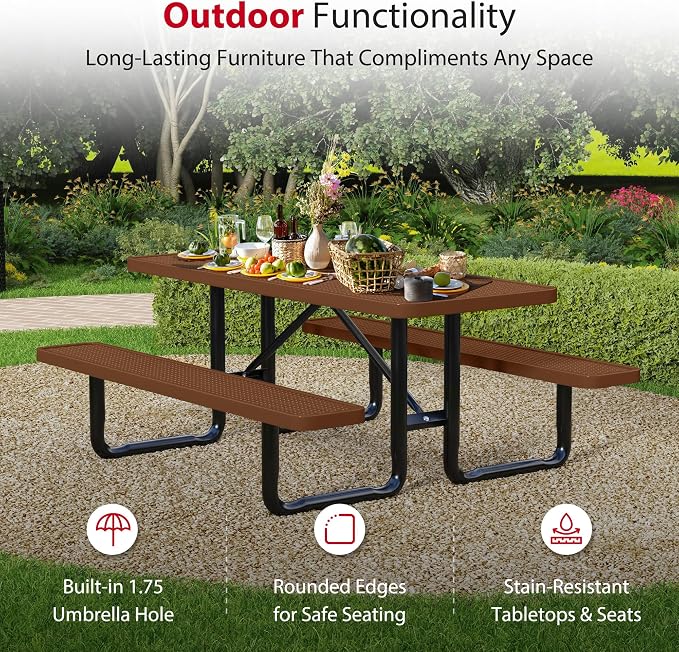 Leisure Craft Metal Picnic Table with Bench - 6 ft Rectangle Outdoor Dining Table for 6, Umbrella Hole, Weatherproof Heavy Duty Thermoplastic Coating, Commercial Grade Furniture Made in USA - Brown