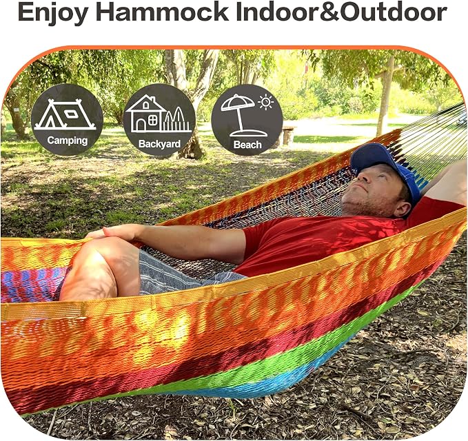 CHULIM Handwoven Mayan Hammock with 10ft Tree Straps, 550lbs Capacity Soft Rope Double Hammock, Portable Outdoor Hammock with Carry Bag for Camping Backyard Beach - Coffee