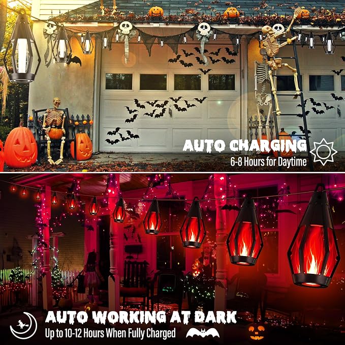 iBaycon 42FT 15 LED Solar Flame Halloween String Lights Outdoor, Red | Ultra-Real Flickering Flame Lamp Outdoor Waterproof, Solar Patio String Lights for Garden Yard Lawn Halloween Decorations