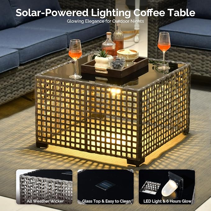 4 Piece Wicker Patio Furniture Set with Solar Table, Denim Blue | Outdoor Deep Seating Sofa Chair, Solar Lights Table, All Weather Rattan, Modern Conversation Set, Porch Deck Backyard